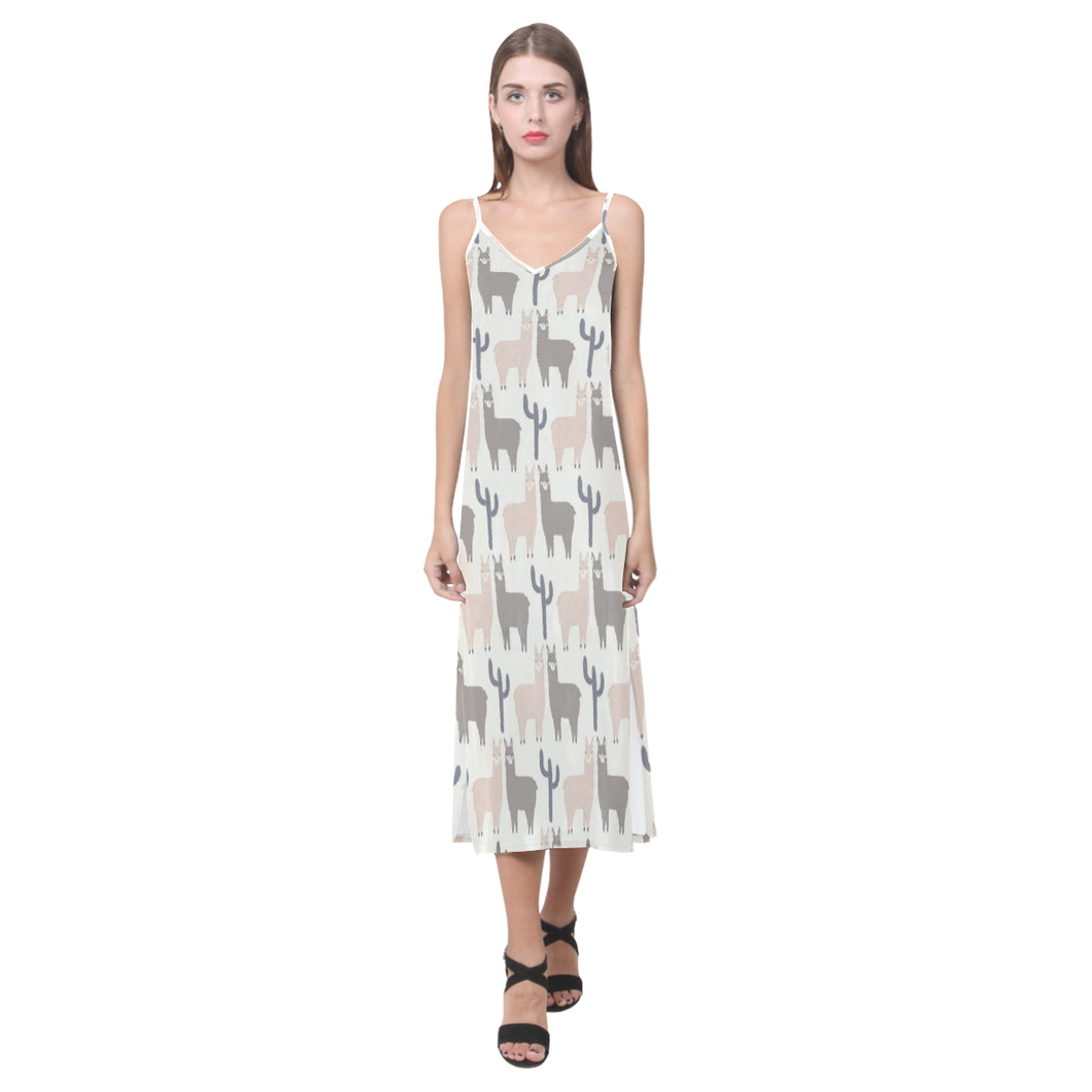 Llama Alpaca pattern V-Neck Open Fork Long Dress