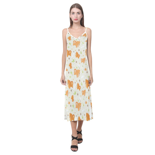 Cute brown pomeranian paw leave bone pattern V-Neck Open Fork Long Dress