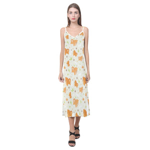 Cute brown pomeranian paw leave bone pattern V-Neck Open Fork Long Dress