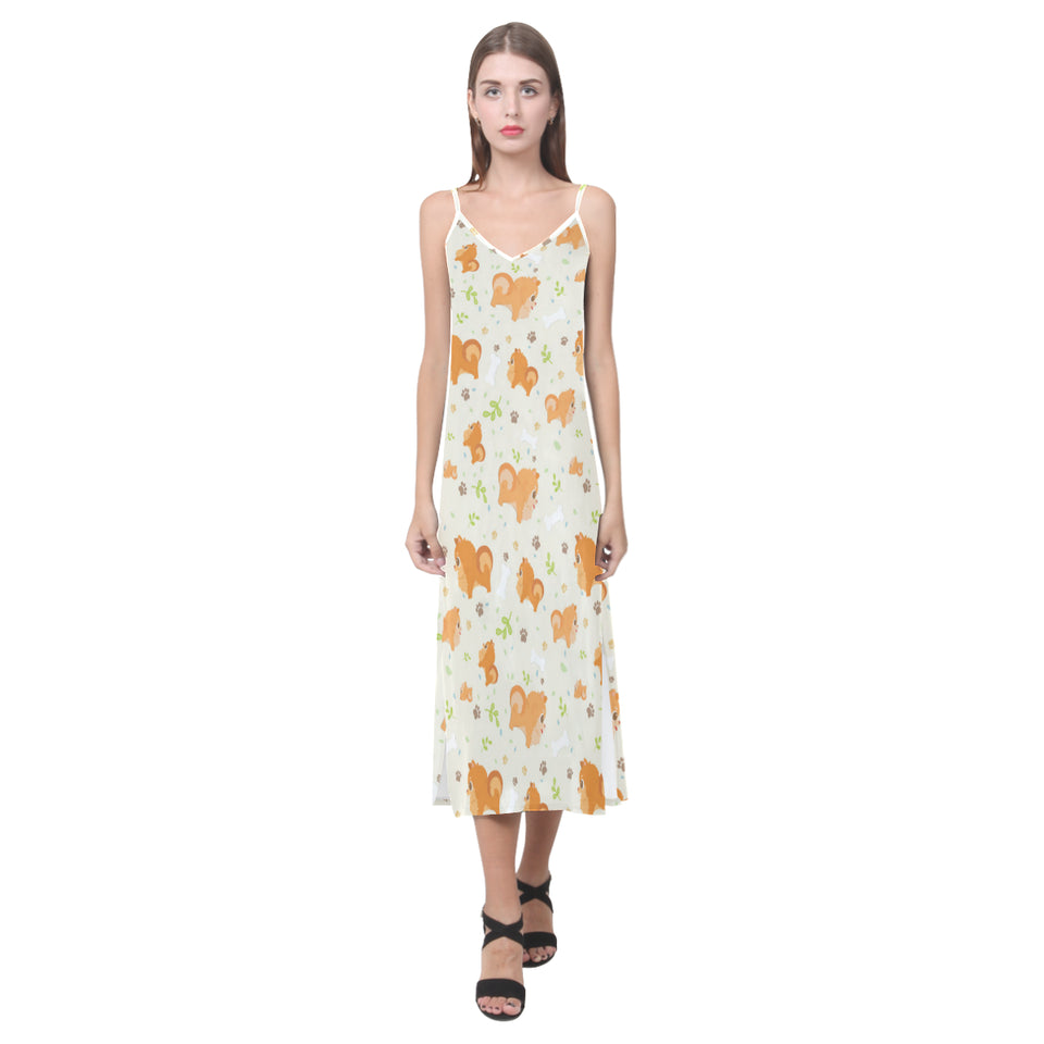 Cute brown pomeranian paw leave bone pattern V-Neck Open Fork Long Dress