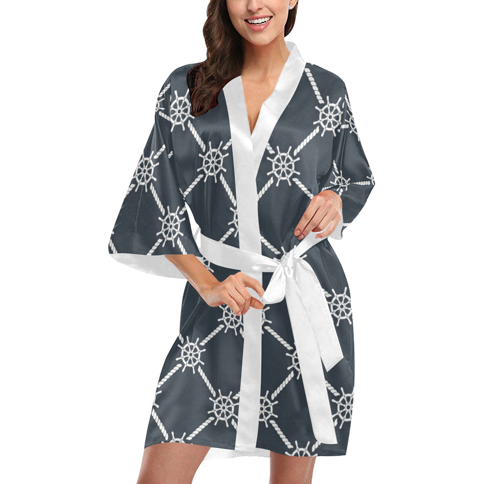 nautical steering wheel rope pattern Women's Short Kimono Robe