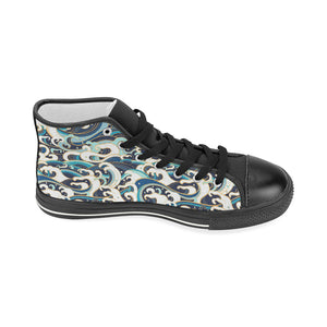 Japanese wave pattern Women's High Top Canvas Shoes Black