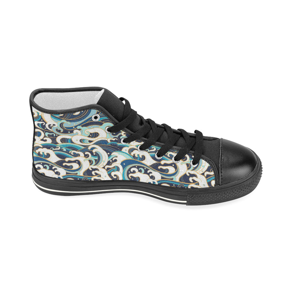 Japanese wave pattern Women's High Top Canvas Shoes Black