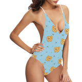 Brown cute pomeranian blue blackground Women's One-Piece Swimsuit