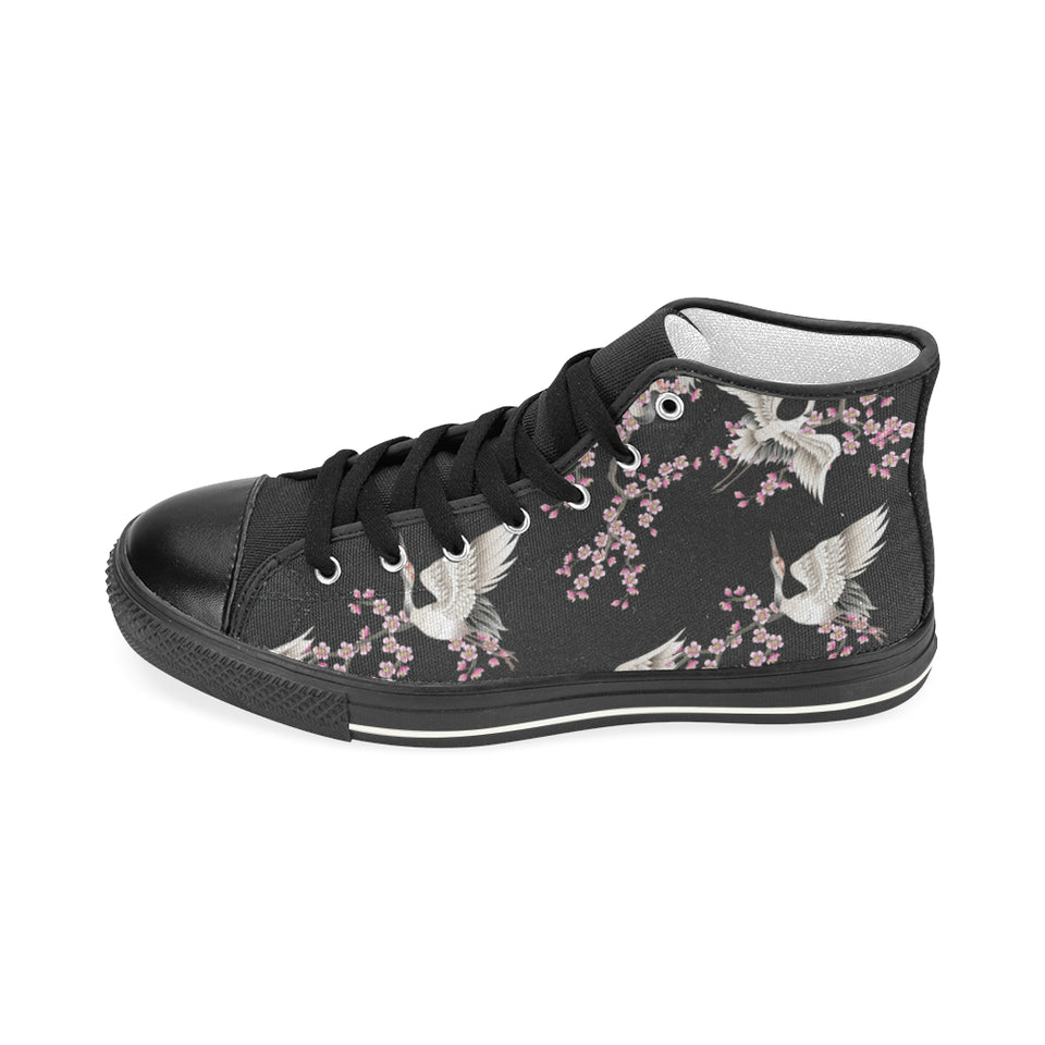 Japanese crane pink sakura pattern Women's High Top Canvas Shoes Black