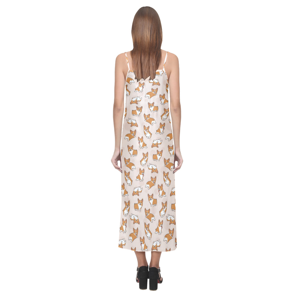 Cute Corgis Pattern pink background V-Neck Open Fork Long Dress