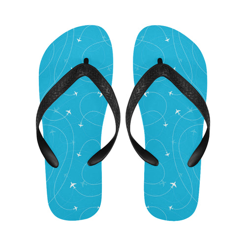 Airplane destinations blue background Unisex Flip Flops
