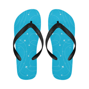 Airplane destinations blue background Unisex Flip Flops