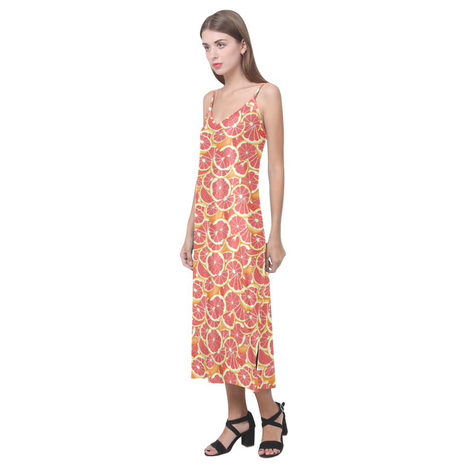 Tropical grapefruit pattern V-Neck Open Fork Long Dress