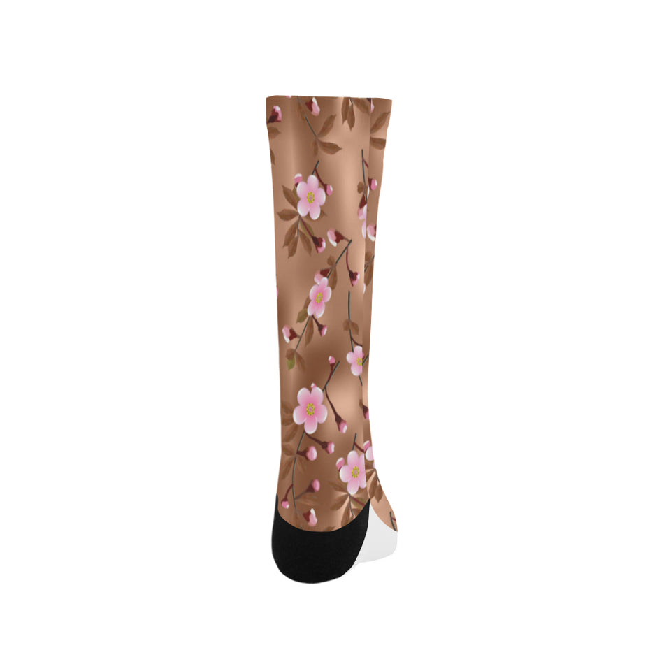 Pink sakura cherry blossom drak brown background Crew Socks