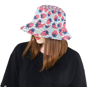 Strawberry pattern blue lines background Unisex Bucket Hat