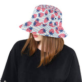 Strawberry pattern blue lines background Unisex Bucket Hat