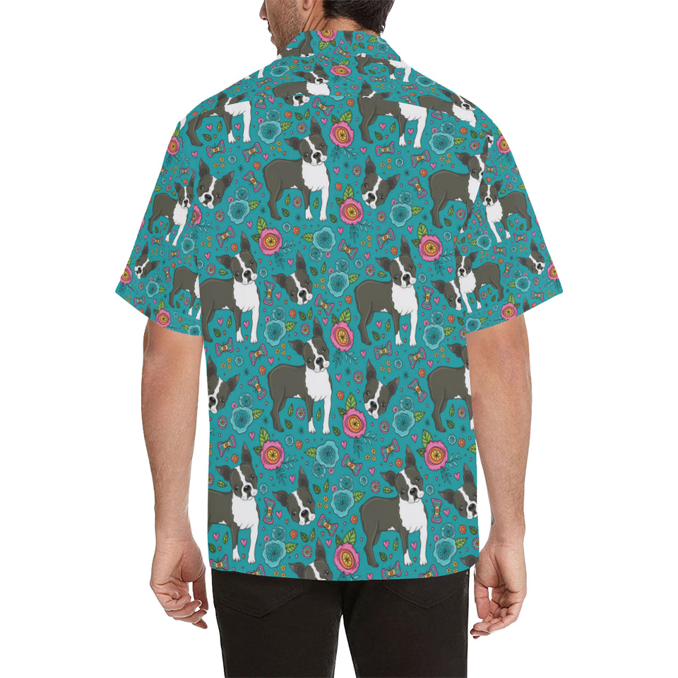 Boston terrier beautiful flower pattern Men's All Over Print Hawaiian Shirt