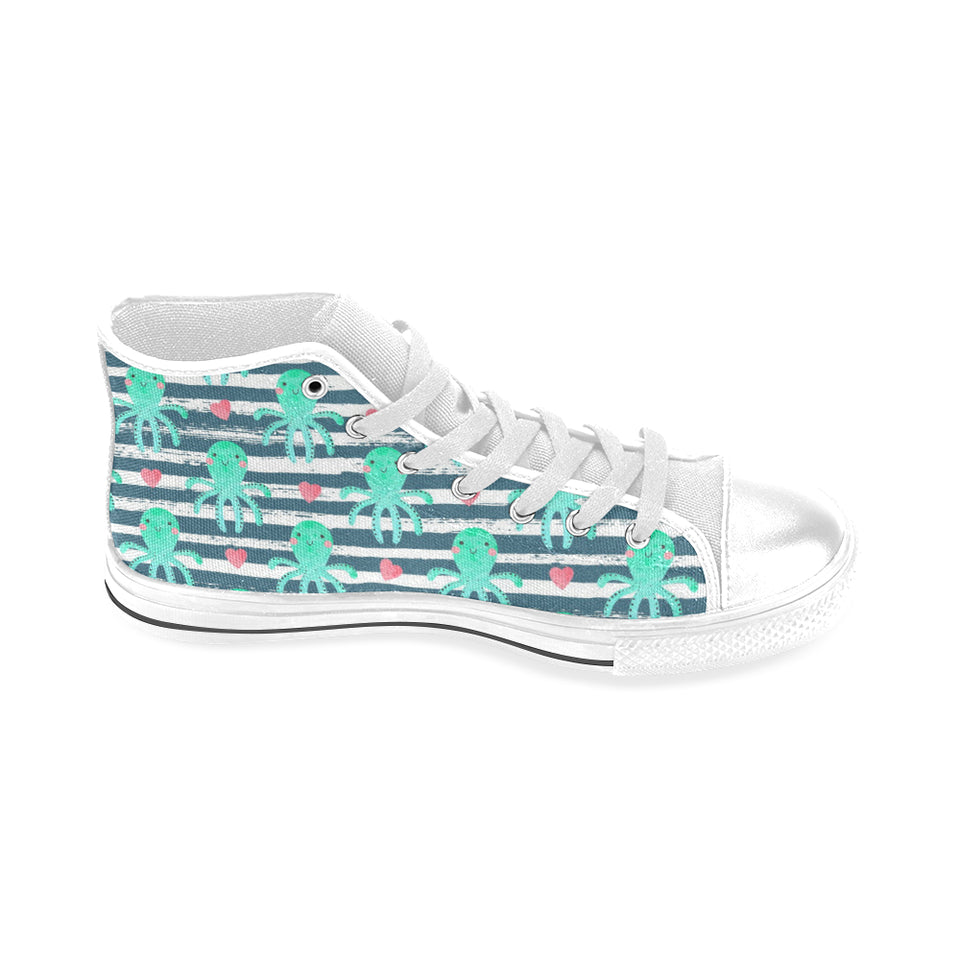 Cute octopuses heart striped background Men's High Top Canvas Shoes White