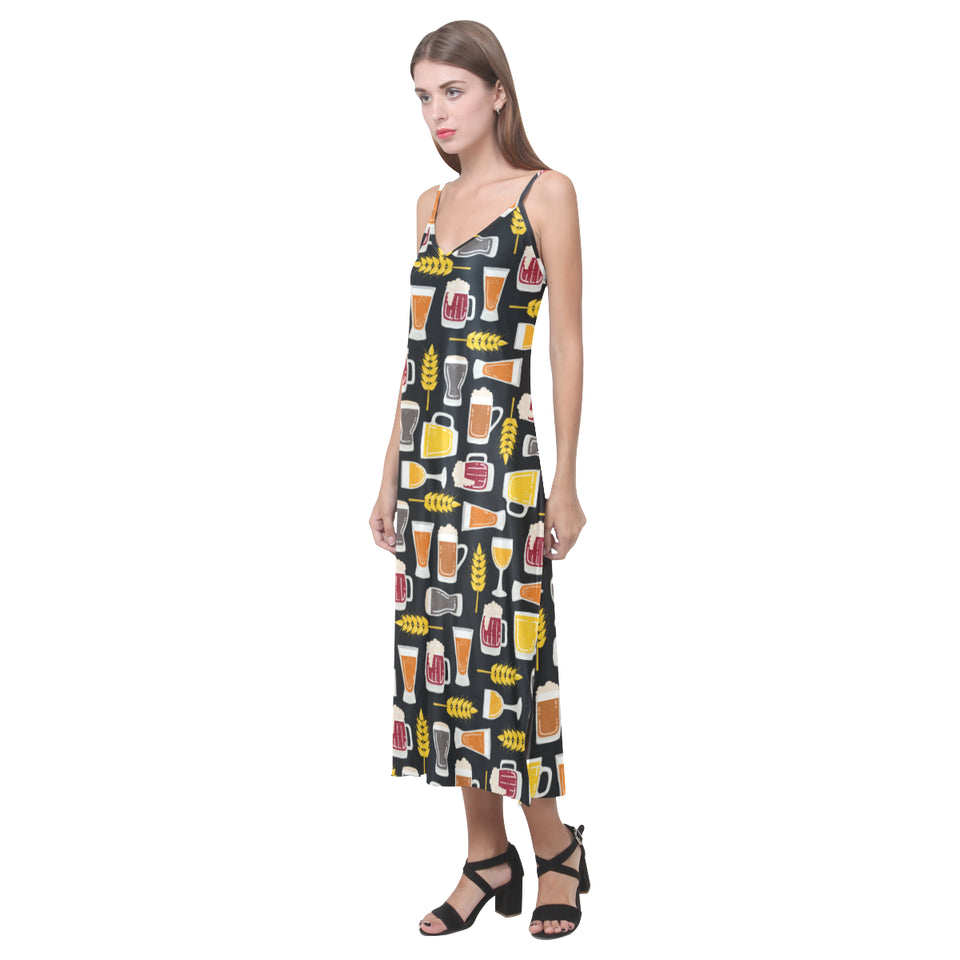 Beer type pattern V-Neck Open Fork Long Dress