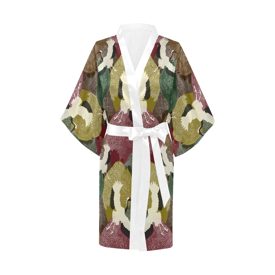 Japanese cranes flying forest dot pattern Women's Short Kimono Robe
