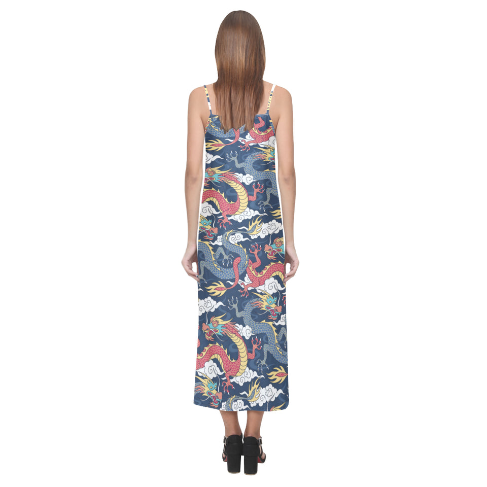 Blue red dragon cloud pattern V-Neck Open Fork Long Dress