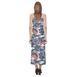Blue red dragon cloud pattern V-Neck Open Fork Long Dress