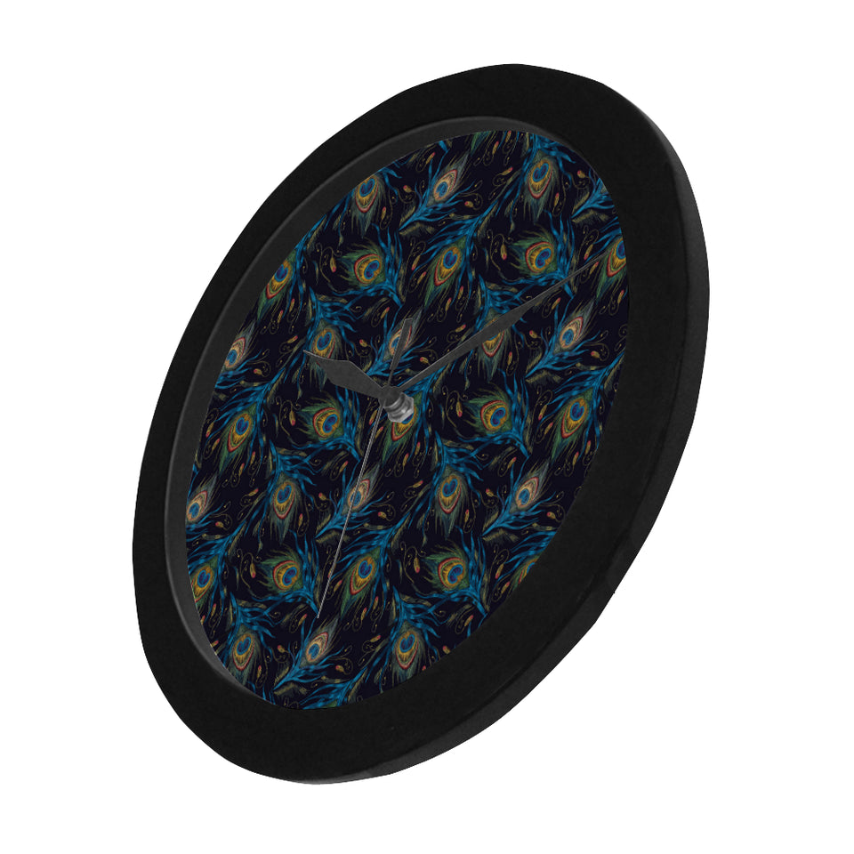 Beautiful peacock feather pattern Elegant Black Wall Clock