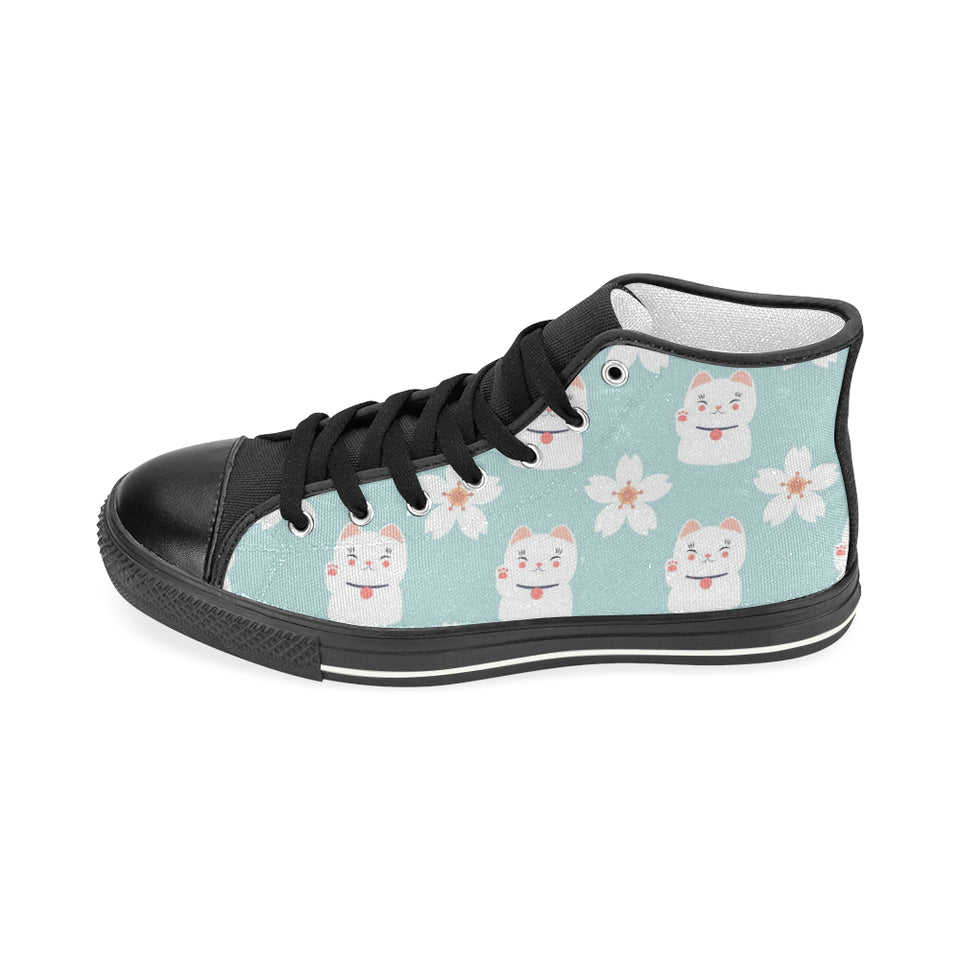 Maneki neko cat sakura Women's High Top Canvas Shoes Black