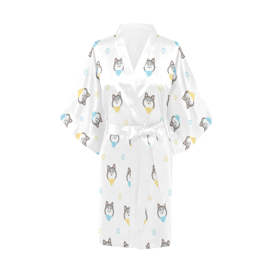 Cute Siberian Husky pattern Women's Short Kimono Robe