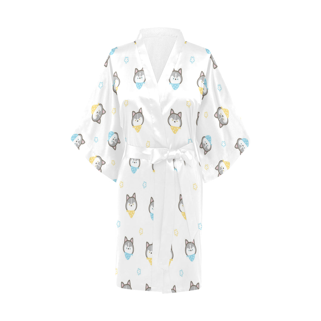 Cute Siberian Husky pattern Women's Short Kimono Robe