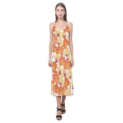 Orange yellow orchid flower pattern background V-Neck Open Fork Long Dress