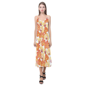 Orange yellow orchid flower pattern background V-Neck Open Fork Long Dress