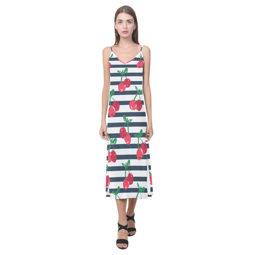 Hand drawn cherry pattern striped background V-Neck Open Fork Long Dress