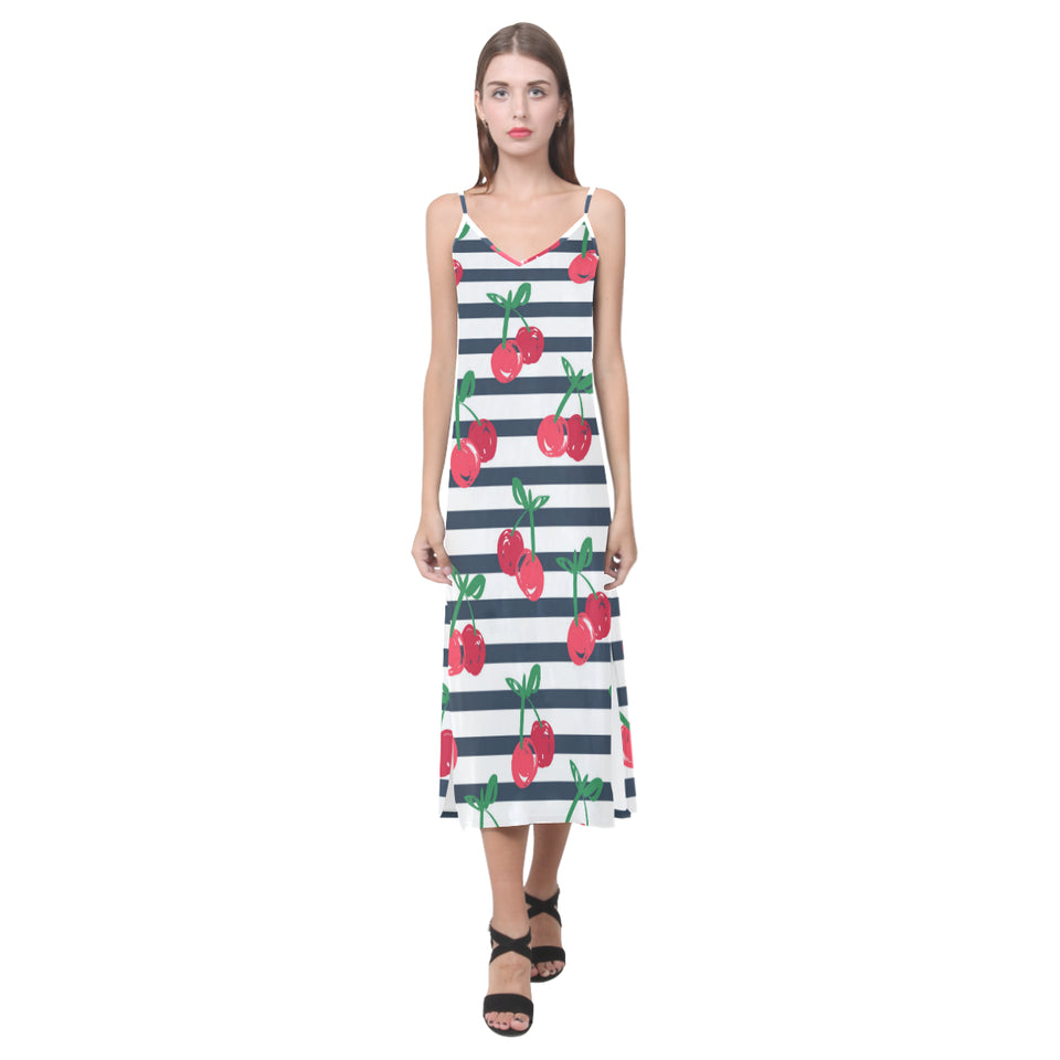 Hand drawn cherry pattern striped background V-Neck Open Fork Long Dress
