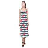 Hand drawn cherry pattern striped background V-Neck Open Fork Long Dress