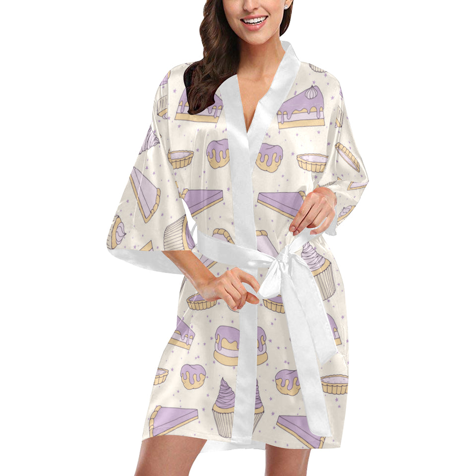 Cakes pies tarts muffins and eclairs purple bluebe Women's Short Kimono Robe