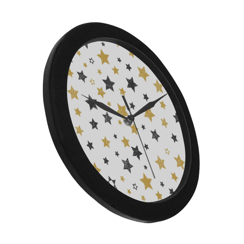 hand drawn gold black star pattern Elegant Black Wall Clock