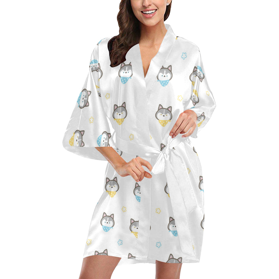 Cute Siberian Husky pattern Women's Short Kimono Robe