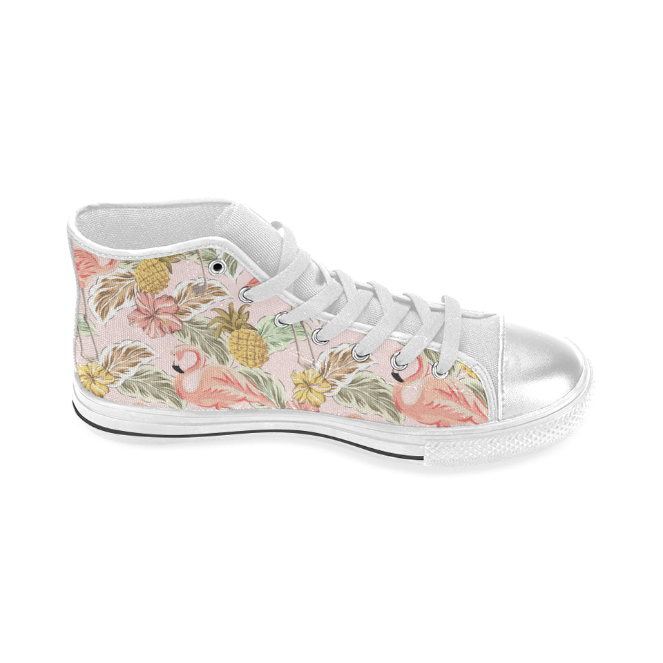 Pink flamingo birds pineapples hibiscus flower pat Women's High Top Canvas Shoes White