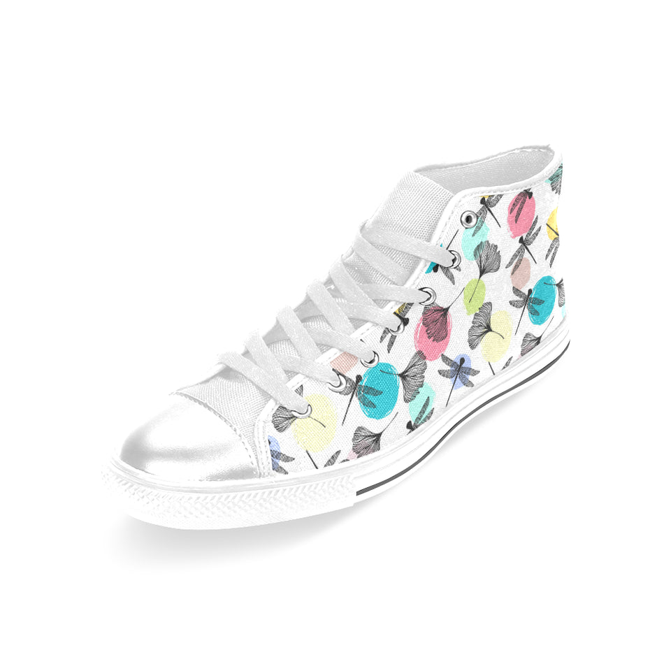 Dragonflies ginkgo leaves pattern Women's High Top Canvas Shoes White