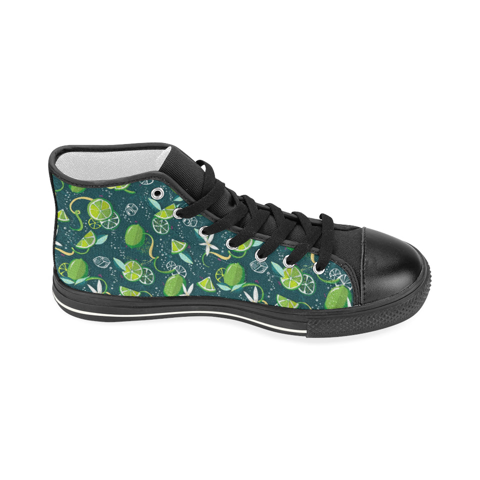 Lime ice flower pattern Women's High Top Canvas Shoes Black