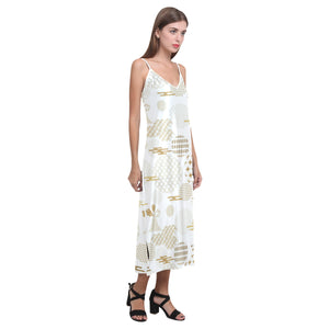 Beautiful gold japanese pattern V-Neck Open Fork Long Dress