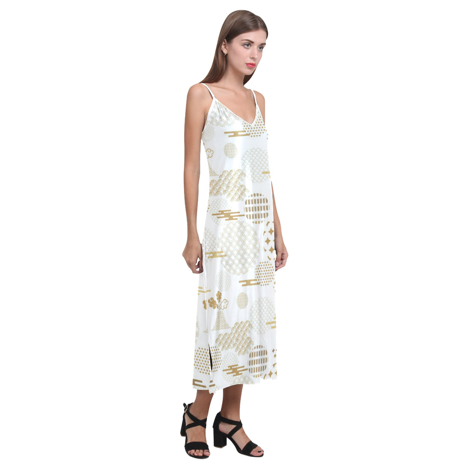 Beautiful gold japanese pattern V-Neck Open Fork Long Dress