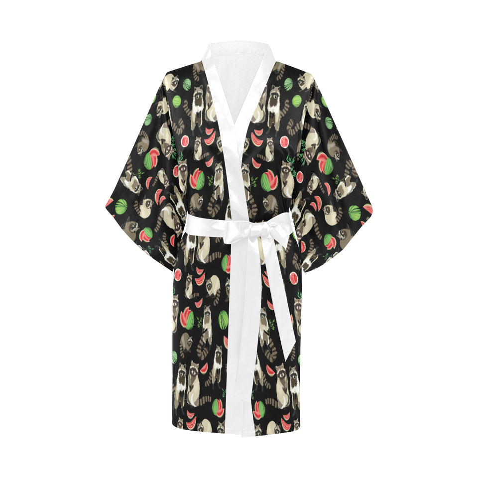 Raccoon watermelon pattern Women's Short Kimono Robe