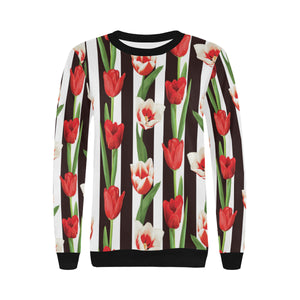 red and white tulips pattern Women's Crew Neck Sweatshirt