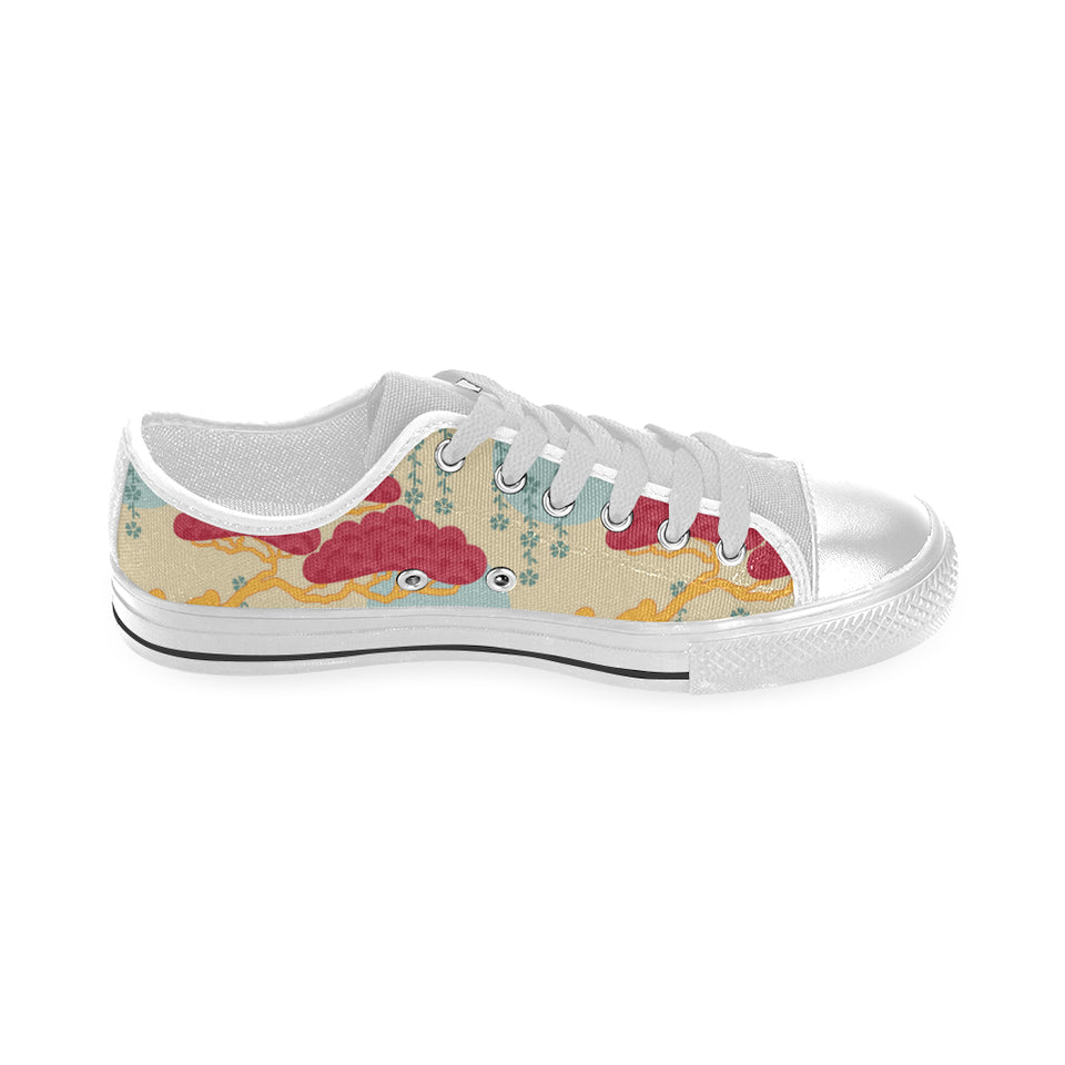Red Bonsai gray sun japanese pattern Men's Low Top Shoes White