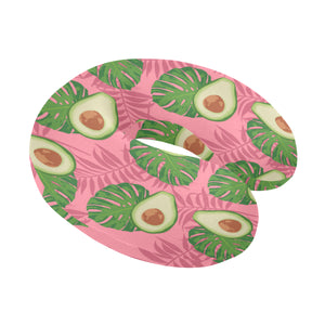 Avocado slices leaves pink back ground U-Shaped Travel Neck Pillow