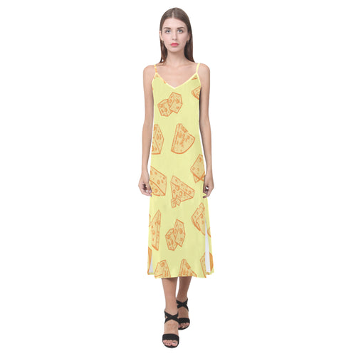 Cheese design pattern V-Neck Open Fork Long Dress