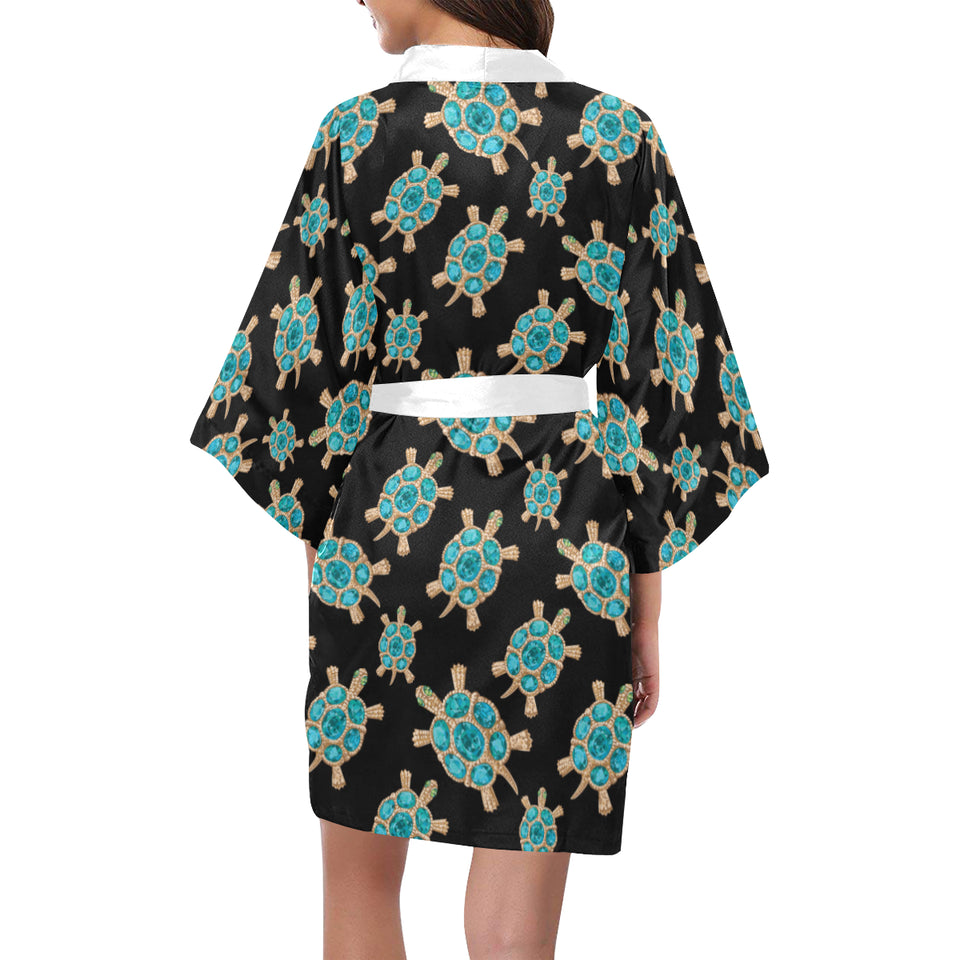 Sea turtle blue stone pattern Women's Short Kimono Robe