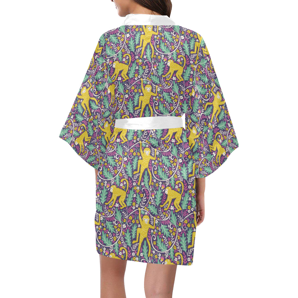 Cute yellow monkey leaves pattern Women's Short Kimono Robe