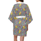 Cute yellow monkey leaves pattern Women's Short Kimono Robe