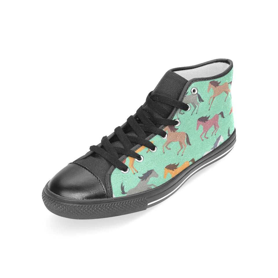 Colorful horses pattern Women's High Top Canvas Shoes Black