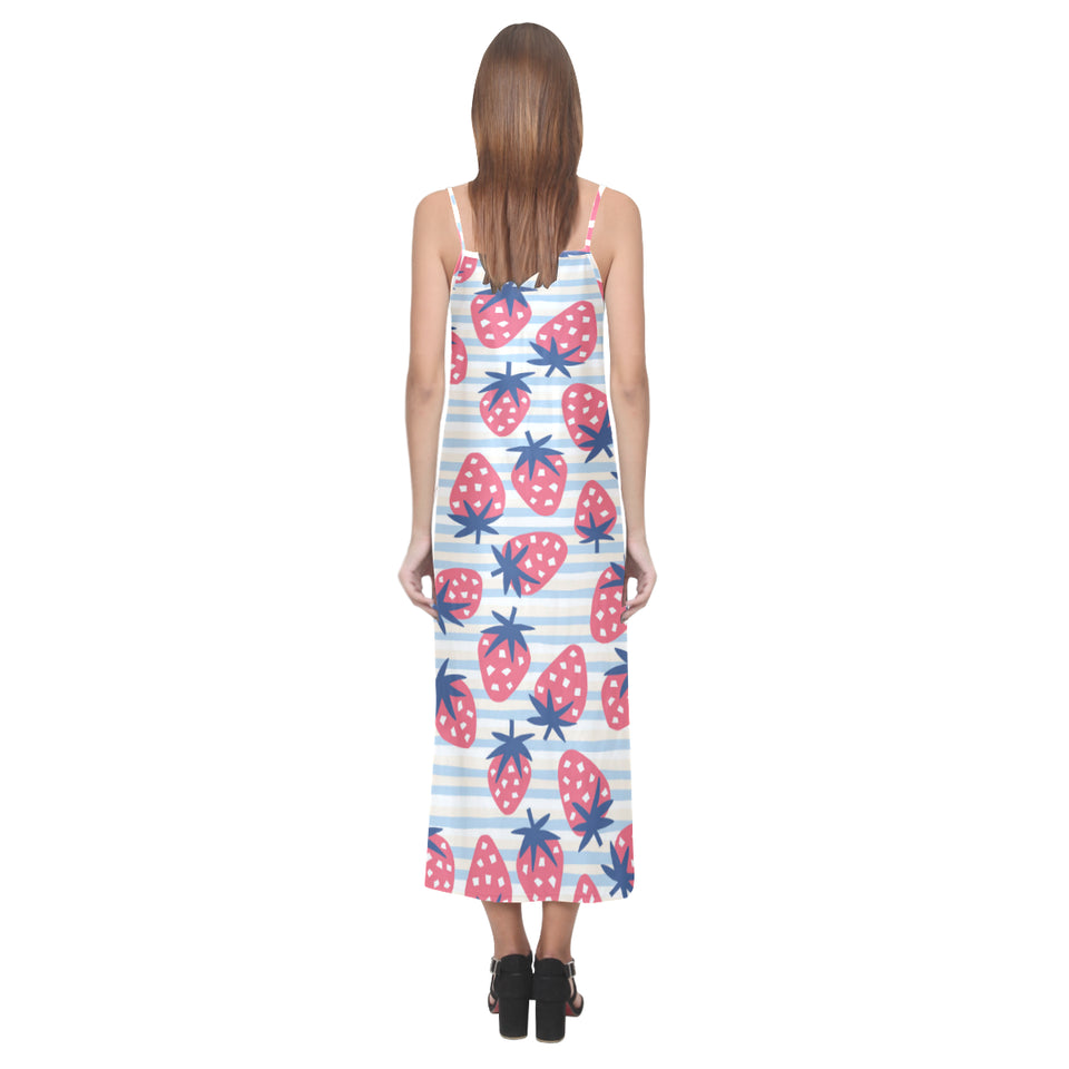 Strawberry pattern blue lines background V-Neck Open Fork Long Dress