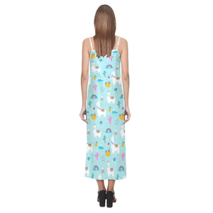 Llama alpaca cactus leaves pattern V-Neck Open Fork Long Dress
